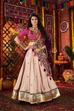 Beige Viscose Cotton Navratri Lehenga Choli with Mirror Work