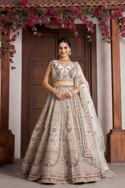 Ivory White Net Floral Embroidered Wedding Bridal Lehenga