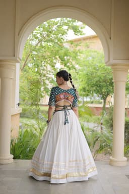 Ghagra Choli for Navratri | White Green Bandhej Lehenga with Gamthi Top