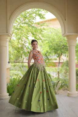 Olive Green Heart Lehenga for Garba & Navratri