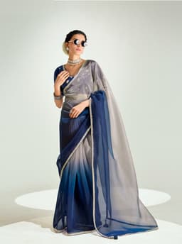 Navy Blue Grey Organza Saree for Party Wear