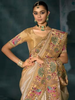 Cream Bridal Wear Ziraf Silk Designer Saree
