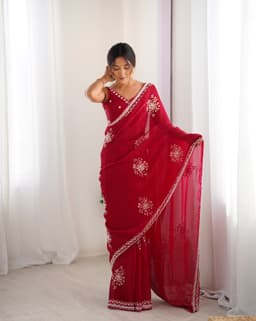 Ruby Red Designer Satin Saree with Beads Handwork