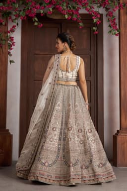 Ivory White Net Floral Embroidered Wedding Bridal Lehenga