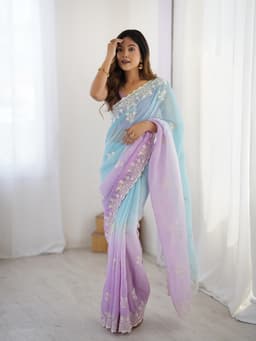 Pastel Blue Lavender Crunchy Silk Saree With Embroidery