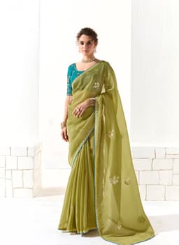 Pistachio Green Organza Tissue Party Wear Saree
