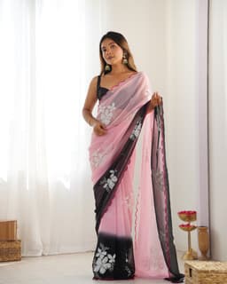 Pink Black Georgette Embroidered Saree