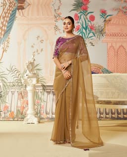 Golden Mustard Embroidered Satin Organza Silk Saree