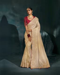 Cream Ziraf Silk Bridal Saree