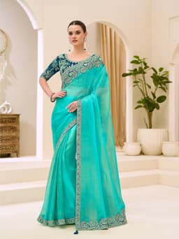 Aqua Blue Tissue Georgette Party Wear Saree