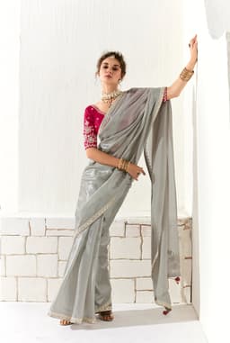 Silver Grey Organza Tissue Party Wear Saree