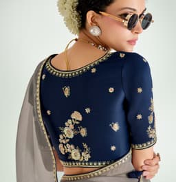 Navy Blue Grey Organza Saree for Party Wear