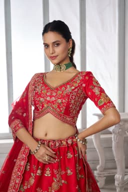 Red Silk Multicolor Patch Zari Bridal Wedding Lehenga