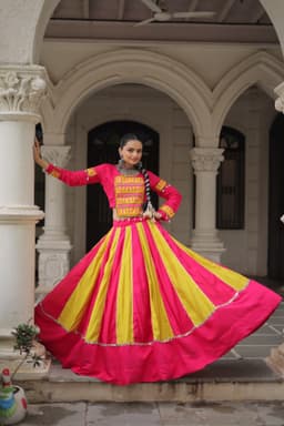 Hot Pink Yellow Gamthi Lehenga | Mirror Lace Garba Wear