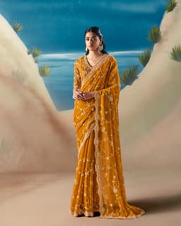 Mustard Yellow Party Wear Satin Organza Saree