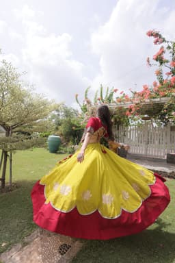 Yellow Lehenga with Lotus Gota Gamthi V-Neck Top