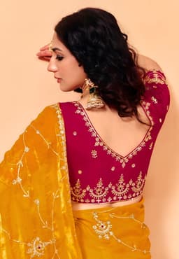 Mustard Yellow Organza Satin Sequins Embroidered Saree
