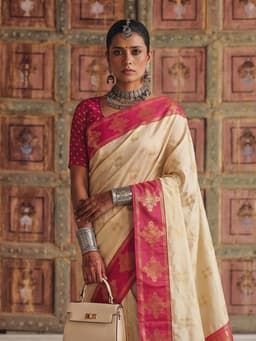 Cream Silk Saree with Pink Gold Woven Border
