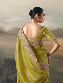 Lime Green Tissue Zari Floral Embroidered Saree