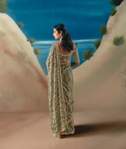 Olive Green Cocktail Wear Satin Organza Saree