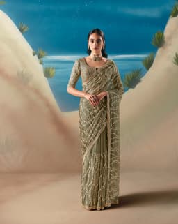 Olive Green Cocktail Wear Satin Organza Saree