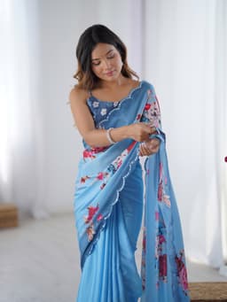 Dusty Blue Floral Chinon Saree