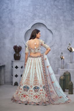 Sky Blue Peacock Embroidered Banarasi Silk Lehenga