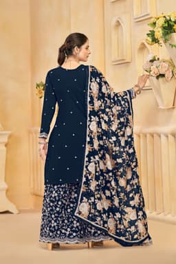 Navy Blue Roman Silk Palazzo Suit