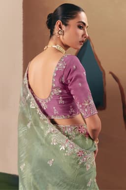 Sage Green Wedding Guest Saree With Embroidery