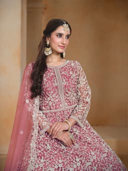 Dusty Rose Net Embroidered Anarkali Gown | Anarkali Suit Party Wear