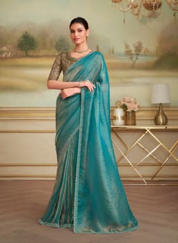 Turquoise Blue Party Wear Shining Georgette Saree