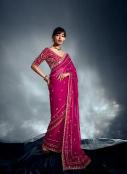 Hot Pink Tissue Organza Saree for Wedding & Party Wear