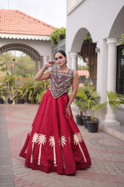 Maroon Roman Lehenga with Kutchi Gamthi Square Neck Blouse