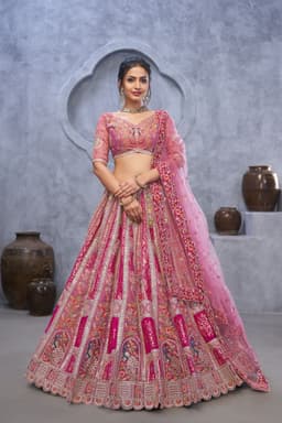 Hot Pink Peacock Banarasi Silk Bridal Lehenga