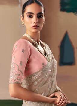 Ivory Beige Floral Embroidered Saree