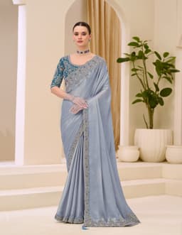 Ice Blue Satin Embroidered Wedding Saree