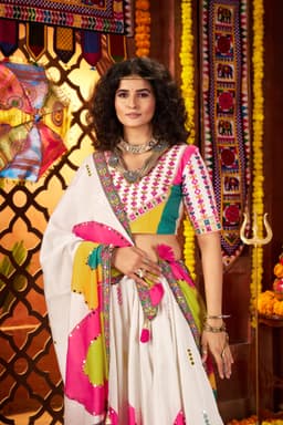 White Gaji Silk Mirror Work Navratri Lehenga Choli