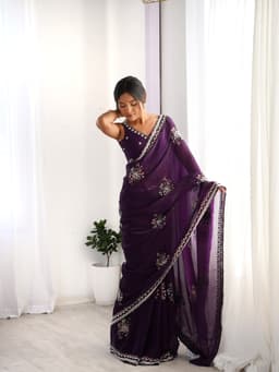 Plum Fendi Satin Handwork Saree