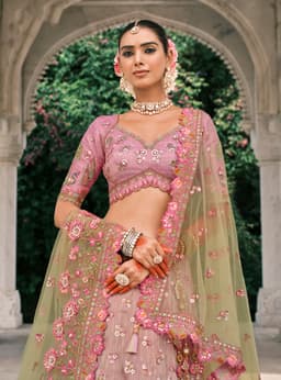 Pink Green Silk Bridal Designer Lehenga Choli