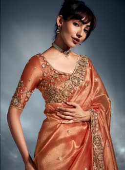 Luxury Peach Bridal Reception Saree in Tissue Organza