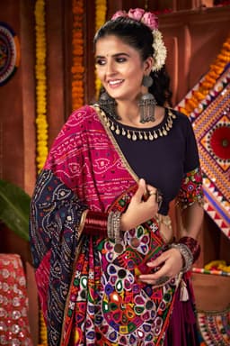 Navy Blue Pink Viscose Cotton Navratri Lehenga Kutchi Work