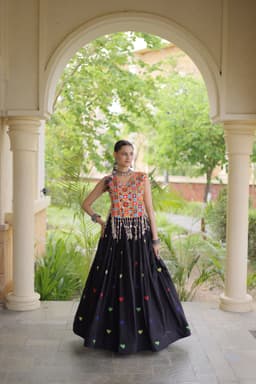 Black Kora Cotton Heart Lehenga for Garba & Navratri