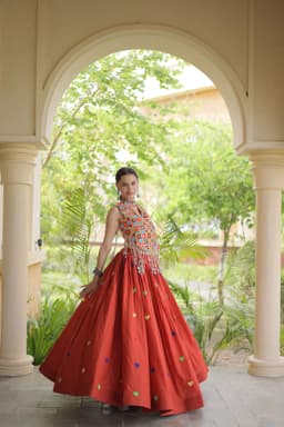 Rust Heart Embroidery Lehenga for Garba & Navratri