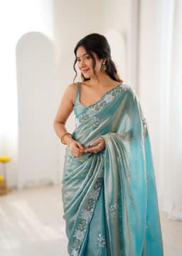 Sky Blue Festive Wear Fendy Satin Sequence Saree