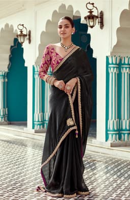 Black Tissue Saree with Zari Border Designer Blouse