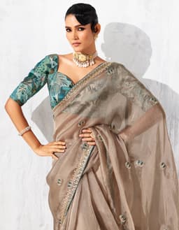 Taupe Beige Designer Organza Saree for Wedding Wear