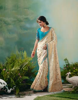 Cream Gold Wedding Wear Silk Saree