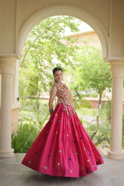 Rani Pink Heart Embroidery Lehenga for Navratri