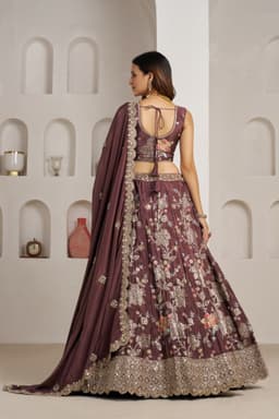 Mauve Crepe Silk Floral Sequins Embroidered Lehenga