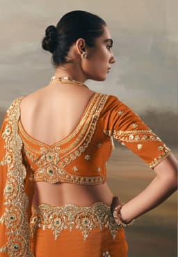 Burnt Orange Tissue Zari Embroidered Bridal Saree